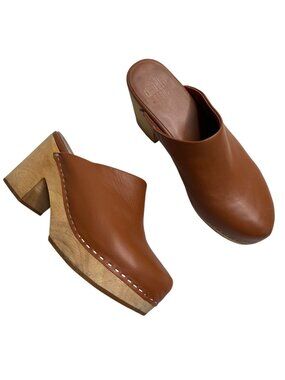 Charlotte Stone Womens Brown Marlo Leather Wooden Heel Clogs Size 12